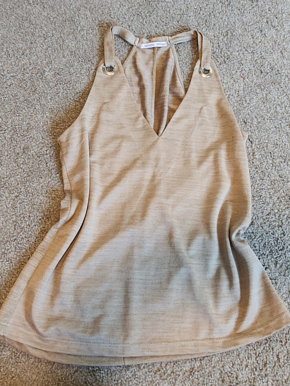 Zara Neutral Beige V-Neck Tank with Grommet Straps